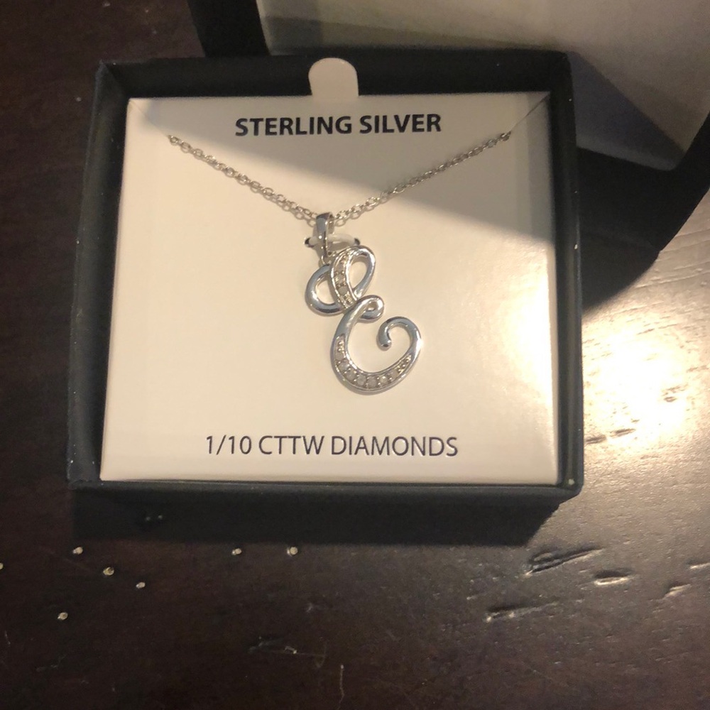 Sterling Silver Initial Necklace (“E”) with Diamonds - Picture 6 of 6